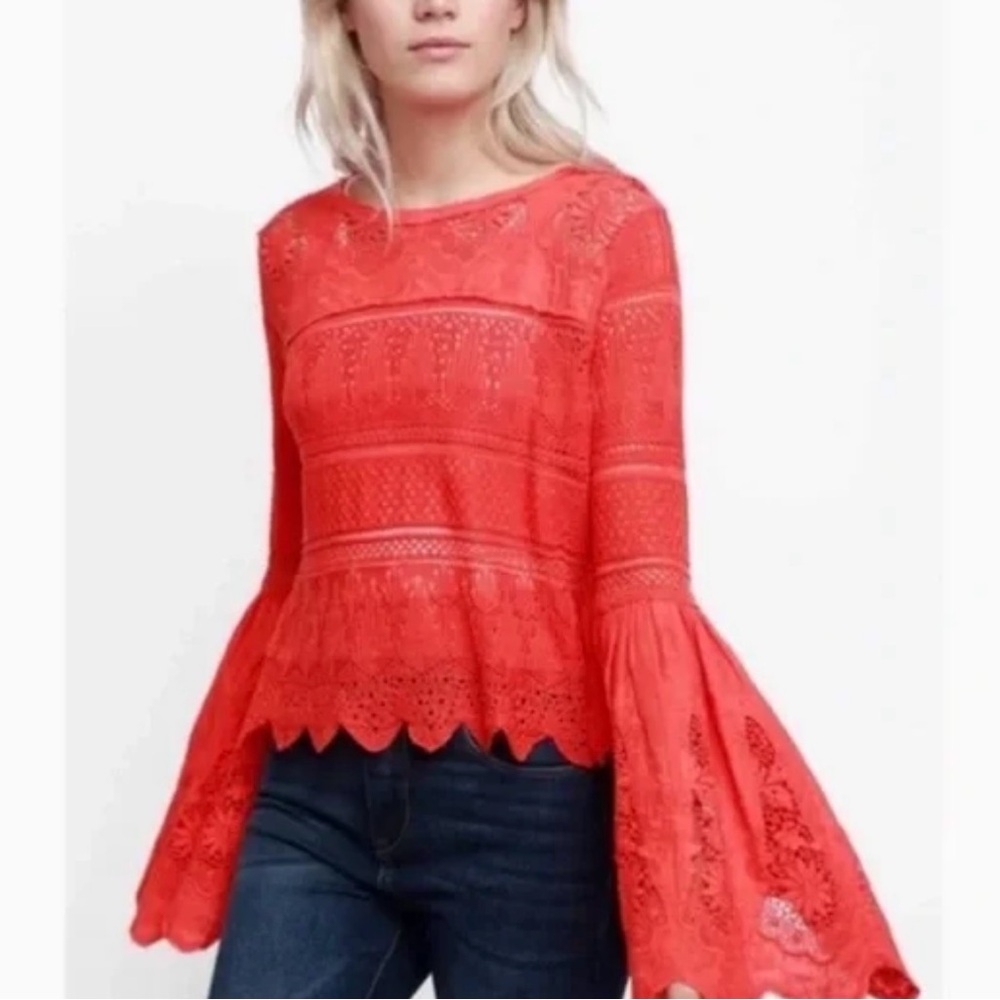 Free People Once Upon A Time Top – Red/Orange Lace Bell Sleeve Blouse - Picture 3 of 15